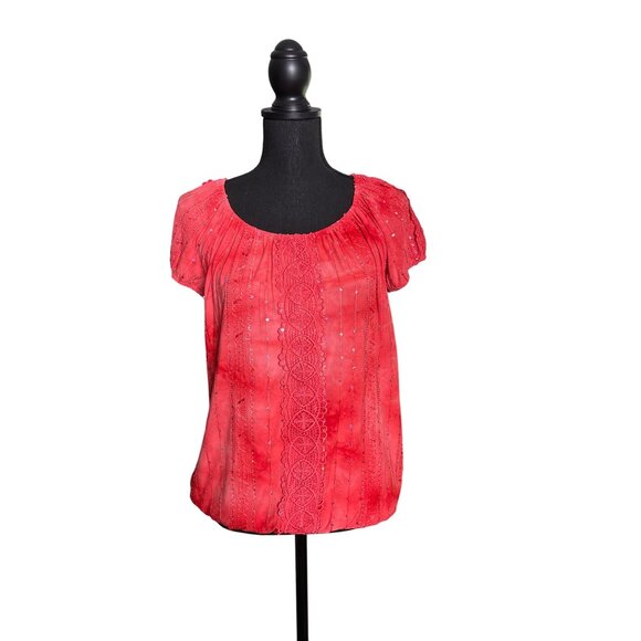 Dress Barn Women's Bright Orange Tie Dye Sequin Bohemian Peasant Top Size M - Picture 1 of 9